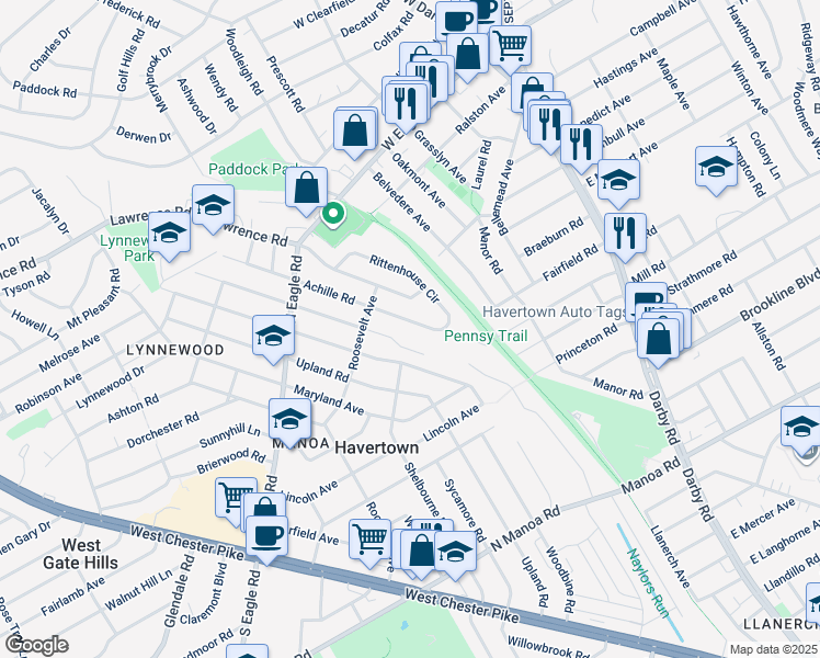 map of restaurants, bars, coffee shops, grocery stores, and more near 406 Achille Road in Havertown
