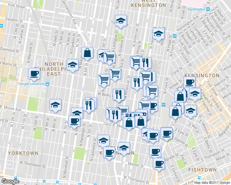 map of restaurants, bars, coffee shops, grocery stores, and more near 1916 North 3rd Street in Philadelphia
