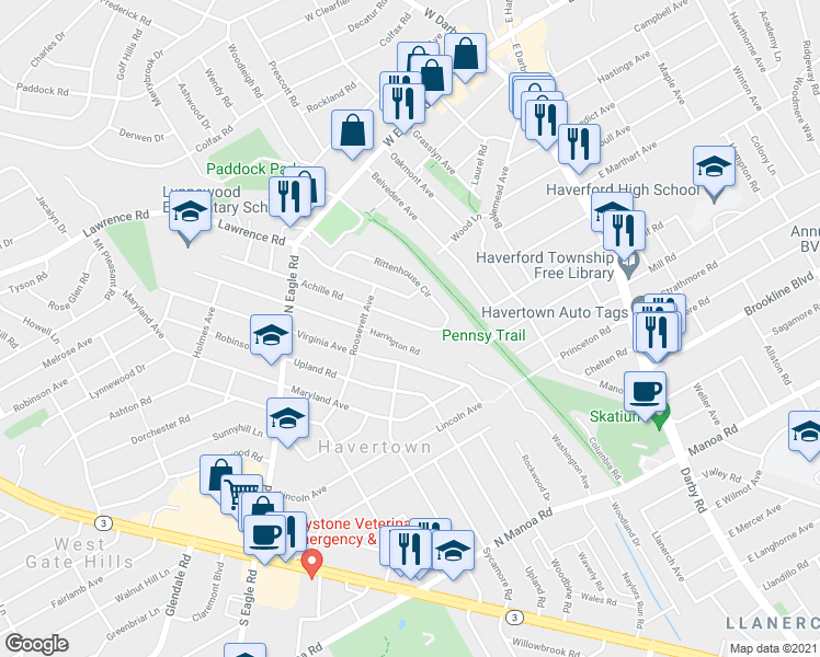 map of restaurants, bars, coffee shops, grocery stores, and more near 406 Achille Road in Havertown