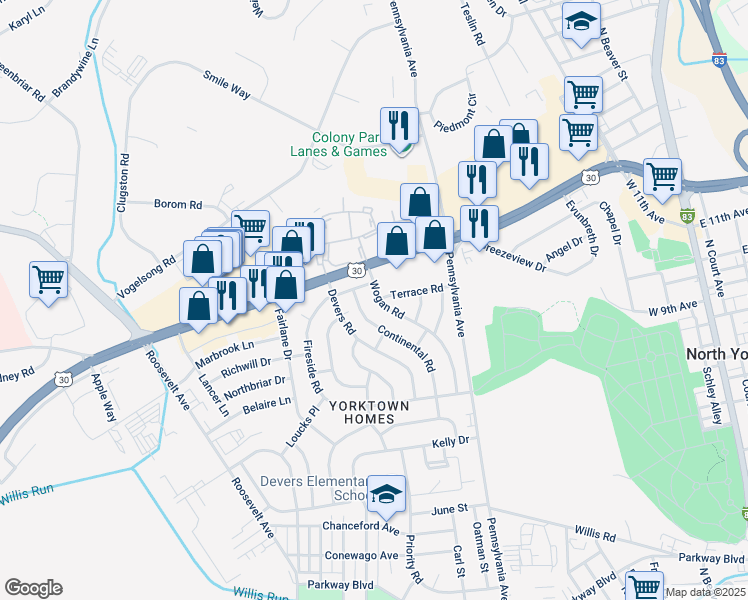 map of restaurants, bars, coffee shops, grocery stores, and more near 1500 Wogan Road in York