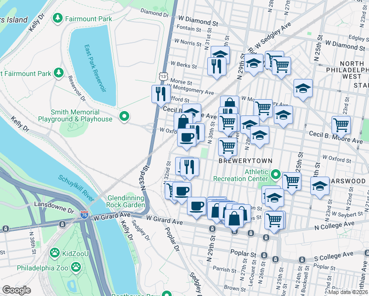 map of restaurants, bars, coffee shops, grocery stores, and more near 3145 West Jefferson Street in Philadelphia