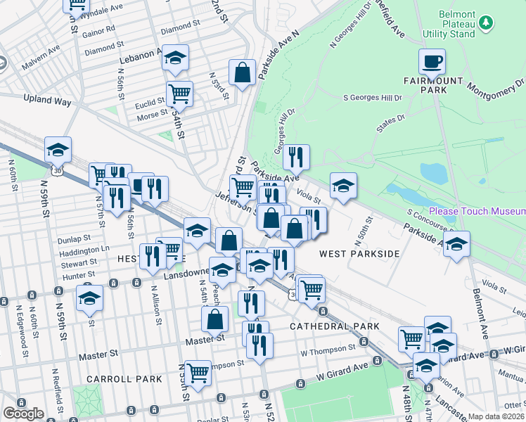 map of restaurants, bars, coffee shops, grocery stores, and more near 5228 Jefferson Street in Philadelphia