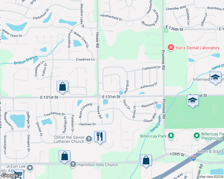 map of restaurants, bars, coffee shops, grocery stores, and more near 10684 Summerwood Lane in Fishers