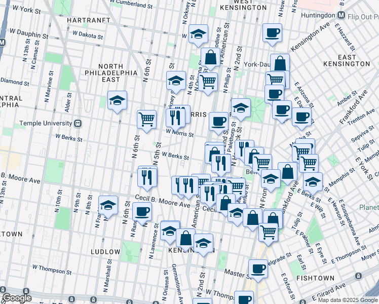 map of restaurants, bars, coffee shops, grocery stores, and more near 1916 North 3rd Street in Philadelphia