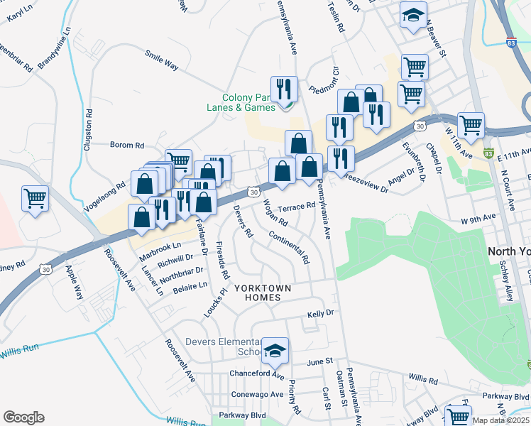 map of restaurants, bars, coffee shops, grocery stores, and more near 1500 Wogan Road in York