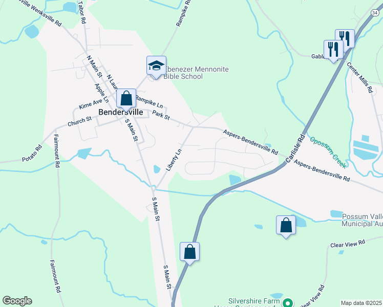 map of restaurants, bars, coffee shops, grocery stores, and more near 180 McIntosh Lane in Aspers