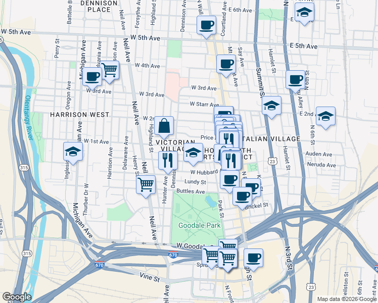 map of restaurants, bars, coffee shops, grocery stores, and more near 103 West Prescott Street in Columbus