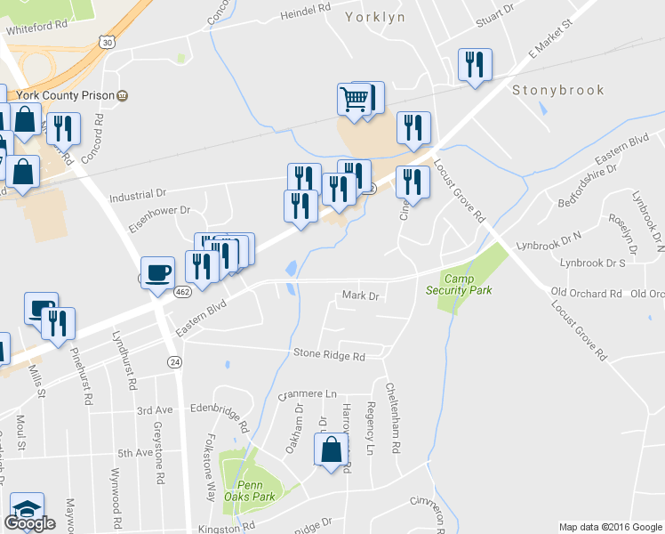 map of restaurants, bars, coffee shops, grocery stores, and more near 3608 Eastern Boulevard in York