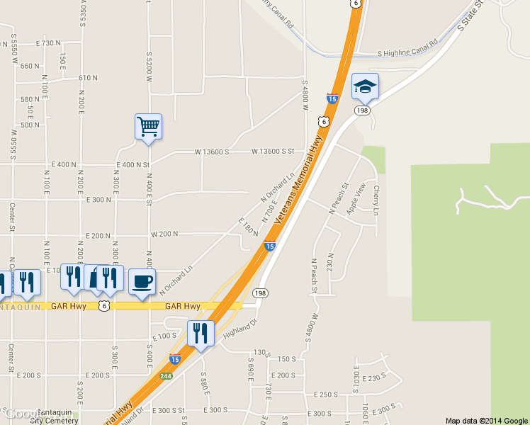 map of restaurants, bars, coffee shops, grocery stores, and more near 257 North 700 East in Santaquin