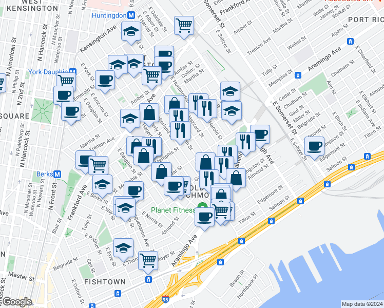 map of restaurants, bars, coffee shops, grocery stores, and more near 2348 East Firth Street in Philadelphia