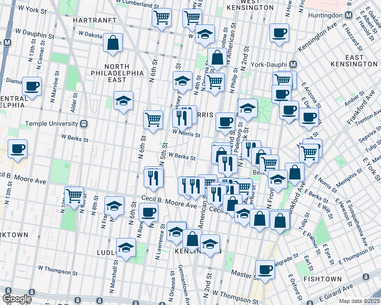 map of restaurants, bars, coffee shops, grocery stores, and more near 1910 North Orianna Street in Philadelphia