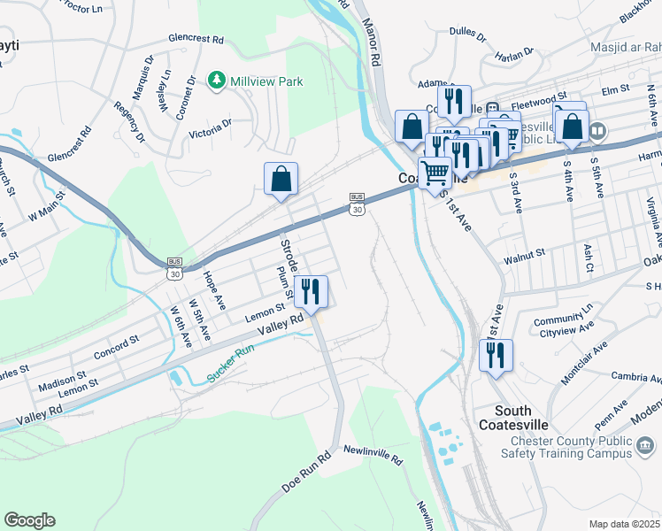 map of restaurants, bars, coffee shops, grocery stores, and more near 207 Madison Street in Coatesville