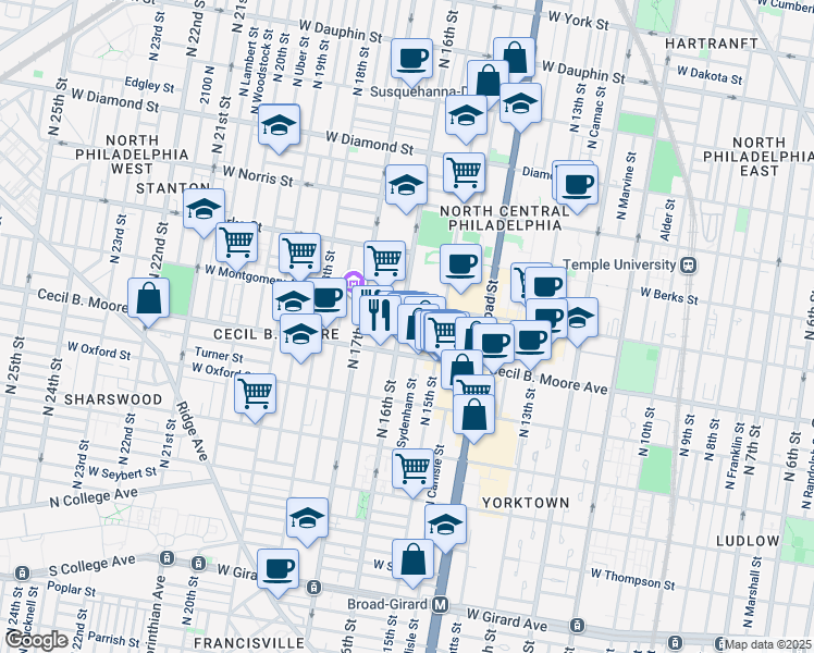 map of restaurants, bars, coffee shops, grocery stores, and more near 1723 North 16th Street in Philadelphia
