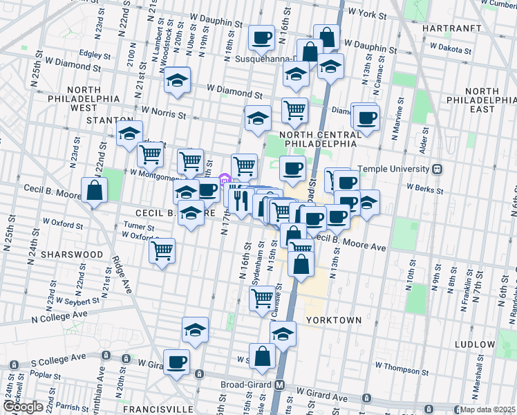map of restaurants, bars, coffee shops, grocery stores, and more near 1723 North 16th Street in Philadelphia