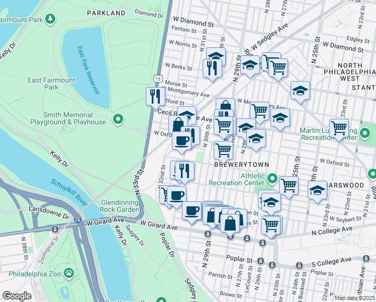 map of restaurants, bars, coffee shops, grocery stores, and more near 3001 West Jefferson Street in Philadelphia
