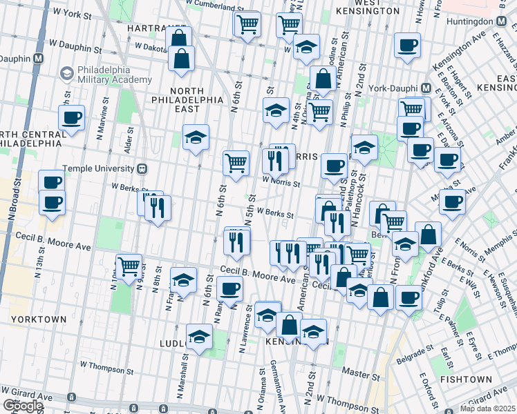 map of restaurants, bars, coffee shops, grocery stores, and more near 1855 North 5th Street in Philadelphia