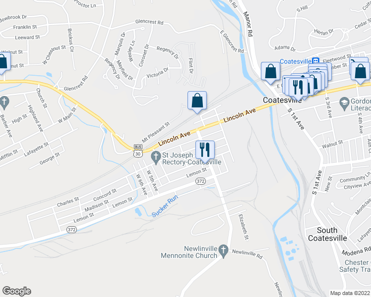 map of restaurants, bars, coffee shops, grocery stores, and more near 341 Charles Street in Coatesville