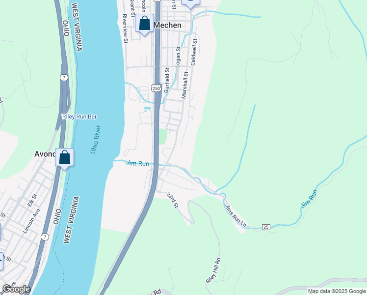 map of restaurants, bars, coffee shops, grocery stores, and more near 1624 Caldwell Street in McMechen