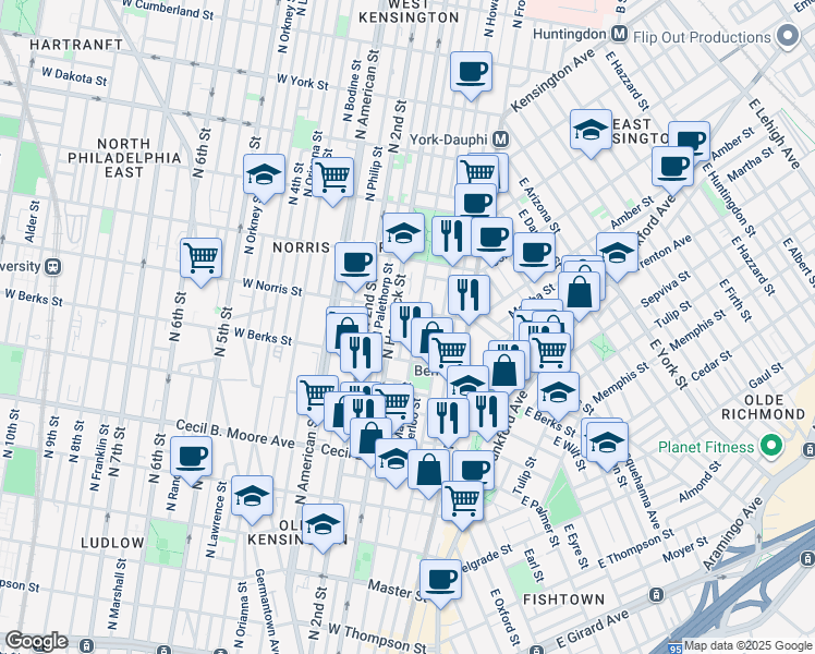 map of restaurants, bars, coffee shops, grocery stores, and more near 1935 Mutter Street in Philadelphia