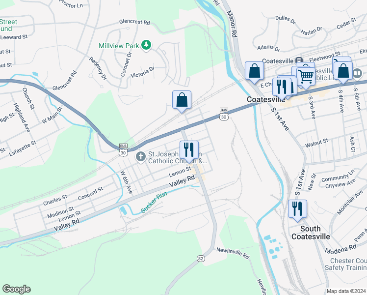 map of restaurants, bars, coffee shops, grocery stores, and more near 310 Charles Street in Coatesville