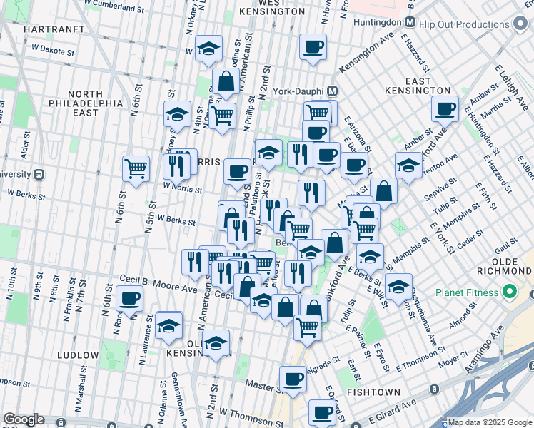 map of restaurants, bars, coffee shops, grocery stores, and more near 1934 Mutter Street in Philadelphia