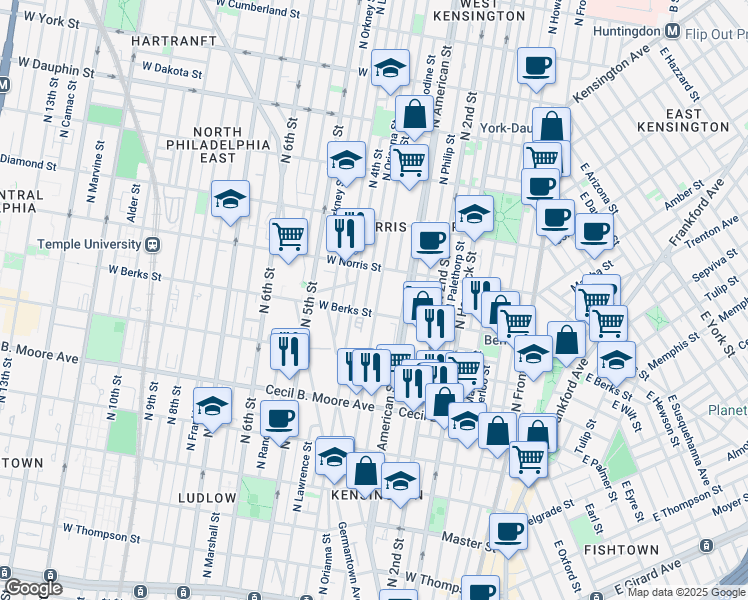 map of restaurants, bars, coffee shops, grocery stores, and more near 1918 North 3rd Street in Philadelphia