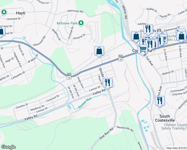 map of restaurants, bars, coffee shops, grocery stores, and more near 350 Charles Street in Coatesville