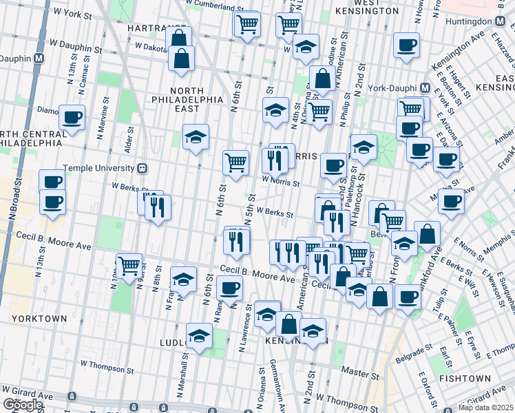 map of restaurants, bars, coffee shops, grocery stores, and more near 437 West Berks Street in Philadelphia