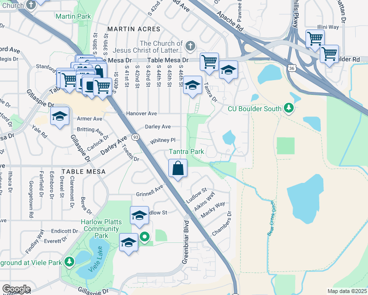 map of restaurants, bars, coffee shops, grocery stores, and more near 4590 Squires Circle in Boulder