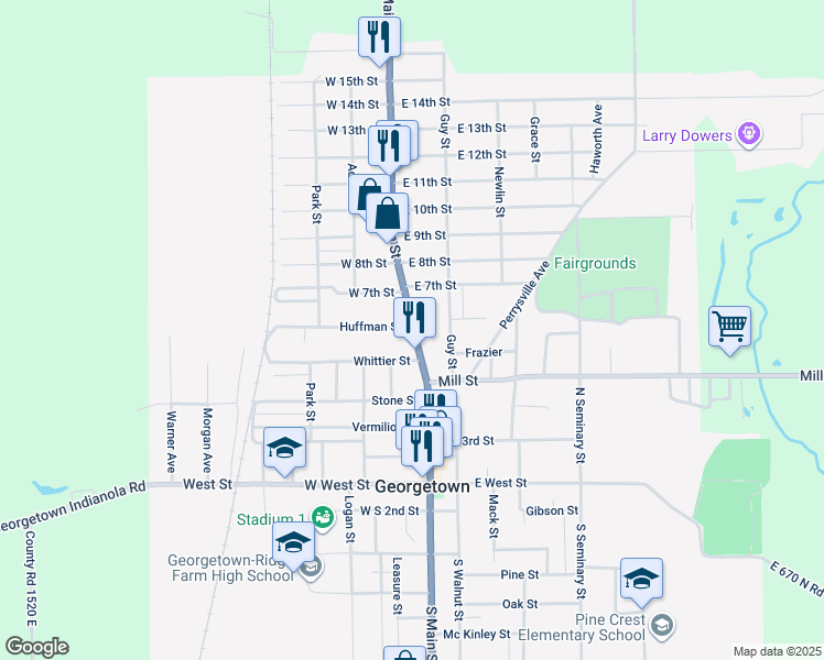 map of restaurants, bars, coffee shops, grocery stores, and more near 218 Huffman Street in Georgetown
