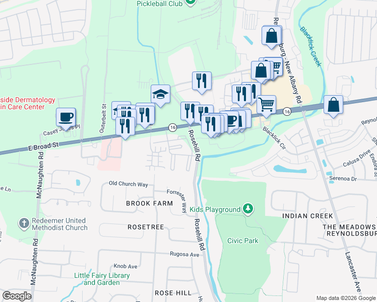 map of restaurants, bars, coffee shops, grocery stores, and more near 6566 Rosemeadows Drive in Reynoldsburg