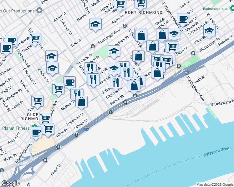 map of restaurants, bars, coffee shops, grocery stores, and more near 2702 East Cambria Street in Philadelphia