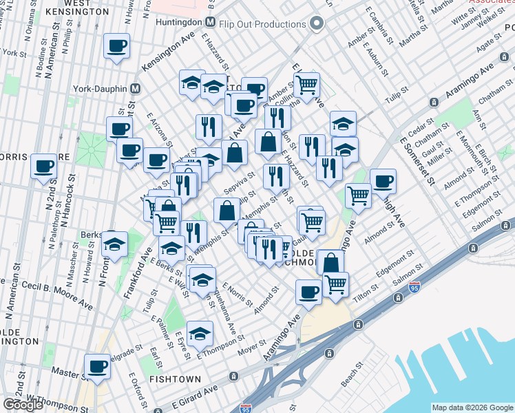 map of restaurants, bars, coffee shops, grocery stores, and more near 2435 Memphis Street in Philadelphia
