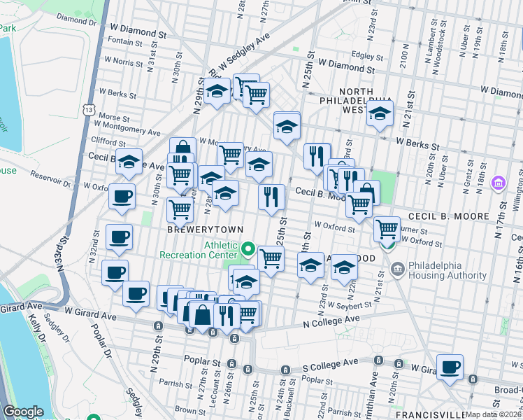 map of restaurants, bars, coffee shops, grocery stores, and more near 1540 North Stillman Street in Philadelphia