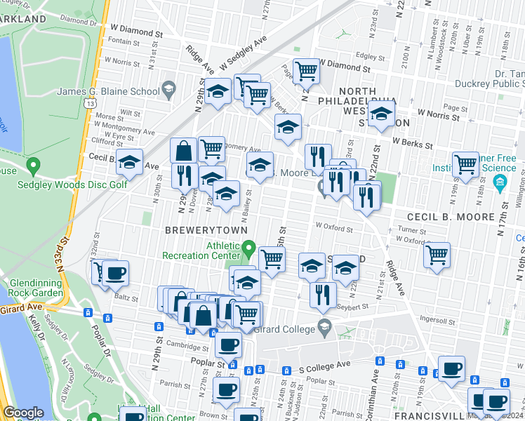 map of restaurants, bars, coffee shops, grocery stores, and more near 1607 North 26th Street in Philadelphia