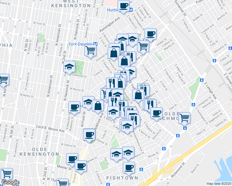 map of restaurants, bars, coffee shops, grocery stores, and more near 2210 Frankford Avenue in Philadelphia