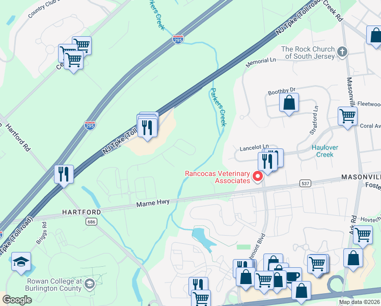 map of restaurants, bars, coffee shops, grocery stores, and more near in Mount Laurel Township