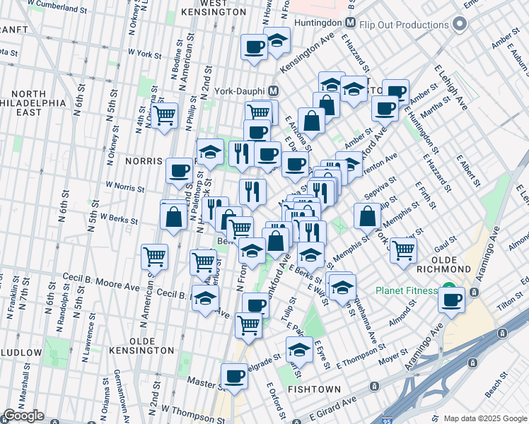 map of restaurants, bars, coffee shops, grocery stores, and more near 2115 East Norris Street in Philadelphia