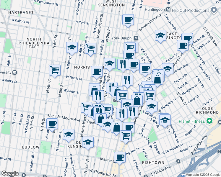 map of restaurants, bars, coffee shops, grocery stores, and more near 1935 Mutter Street in Philadelphia