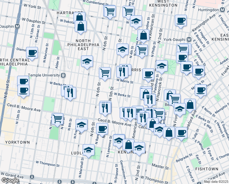map of restaurants, bars, coffee shops, grocery stores, and more near 437 West Berks Street in Philadelphia