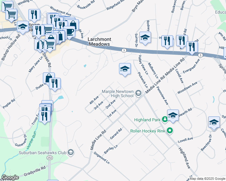 map of restaurants, bars, coffee shops, grocery stores, and more near 204 3rd Avenue in Newtown Square