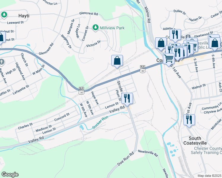 map of restaurants, bars, coffee shops, grocery stores, and more near 337 Charles Street in Coatesville