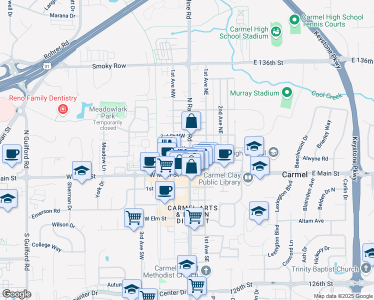map of restaurants, bars, coffee shops, grocery stores, and more near 121 North Rangeline Road in Carmel