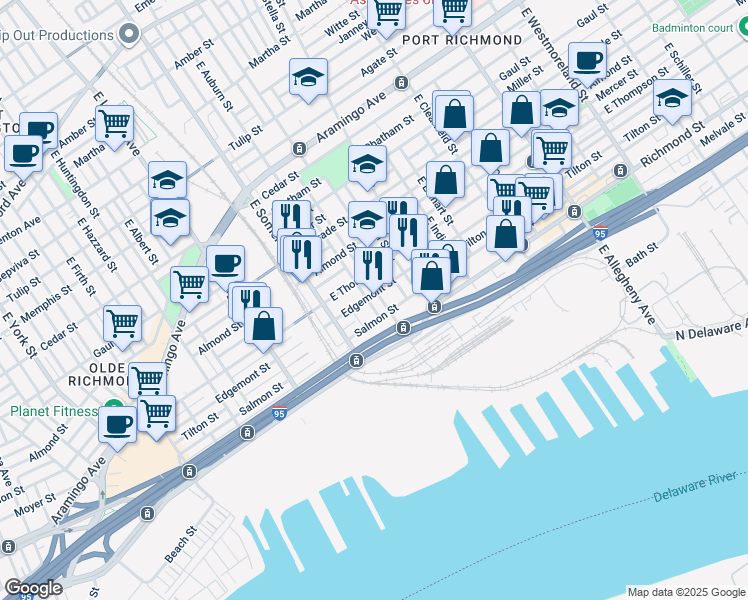 map of restaurants, bars, coffee shops, grocery stores, and more near 2702 East Cambria Street in Philadelphia