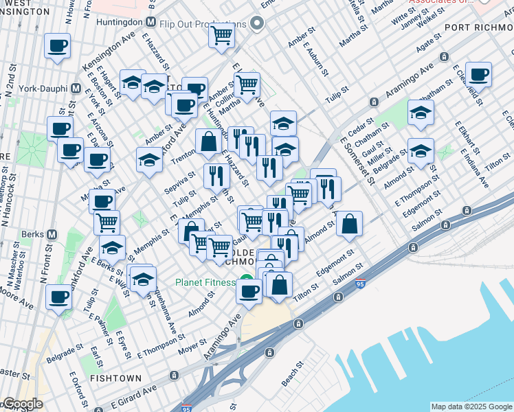 map of restaurants, bars, coffee shops, grocery stores, and more near 2404 East Hazzard Street in Philadelphia