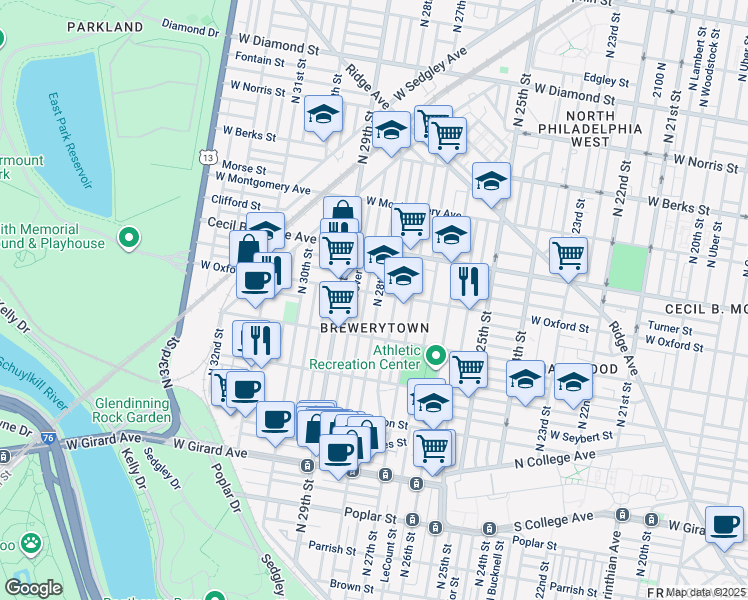 map of restaurants, bars, coffee shops, grocery stores, and more near 1552 North 28th Street in Philadelphia