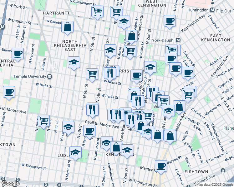 map of restaurants, bars, coffee shops, grocery stores, and more near 1911 North Orianna Street in Philadelphia