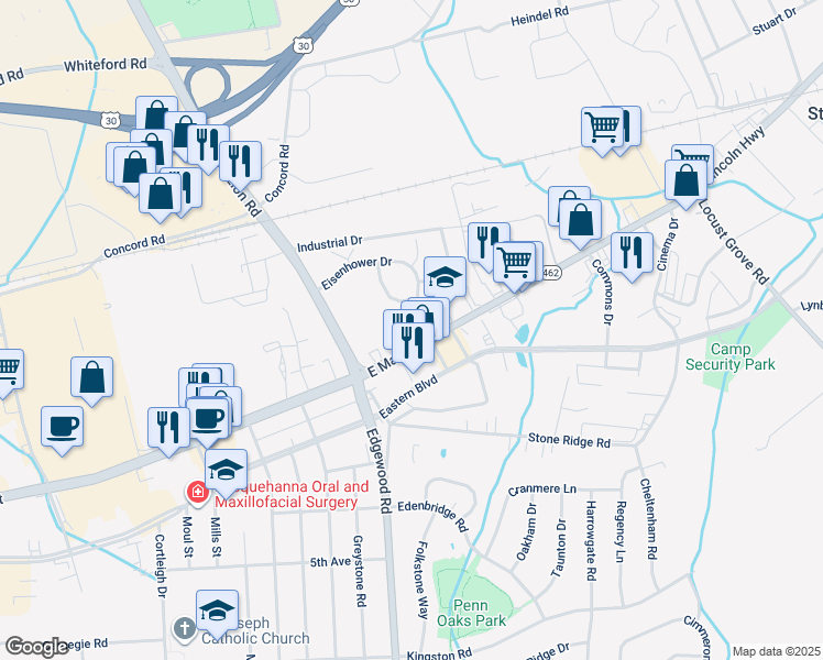 map of restaurants, bars, coffee shops, grocery stores, and more near 3405 East Market Street in York