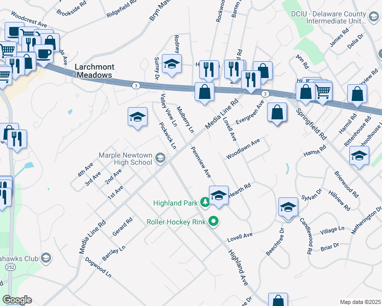 map of restaurants, bars, coffee shops, grocery stores, and more near 2998 Pennview Avenue in Broomall