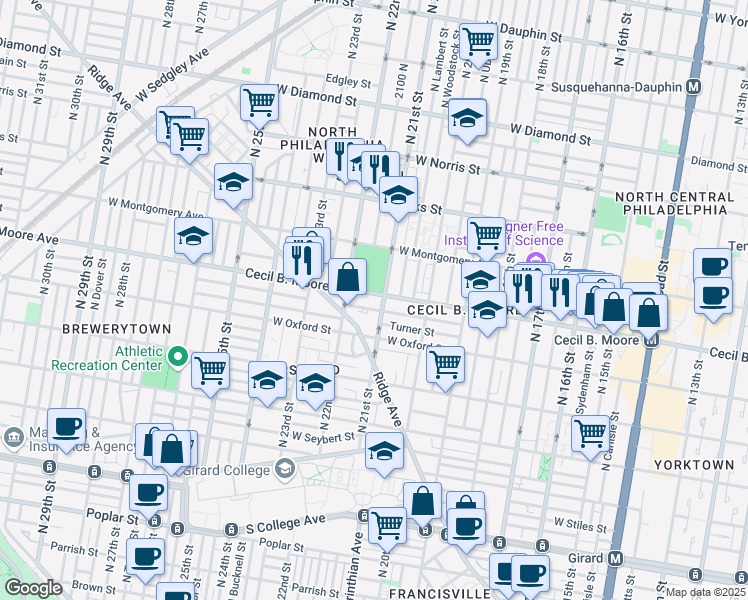 map of restaurants, bars, coffee shops, grocery stores, and more near 2108 Cecil B. Moore Avenue in Philadelphia